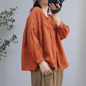 Button Down Puff Sleeves Linen Orange Blouse