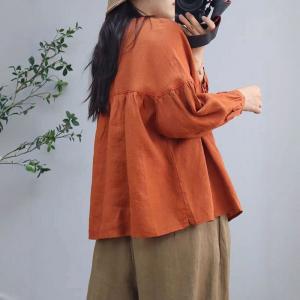 Button Down Puff Sleeves Linen Orange Blouse