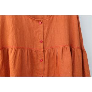 Button Down Puff Sleeves Linen Orange Blouse