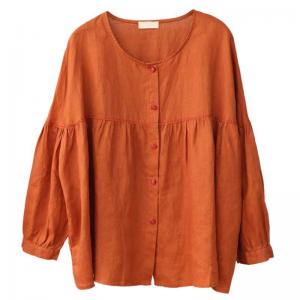 Button Down Puff Sleeves Linen Orange Blouse