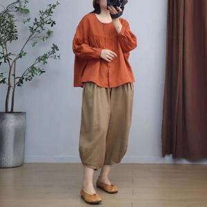 Button Down Puff Sleeves Linen Orange Blouse