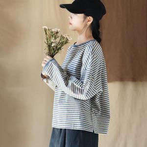 Crew Neck Cotton Long Sleeves Stripes T-shirt