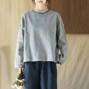 Crew Neck Cotton Long Sleeves Stripes T-shirt
