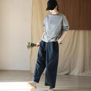 Crew Neck Cotton Long Sleeves Stripes T-shirt