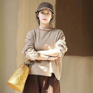 Crew Neck Cotton Long Sleeves Stripes T-shirt
