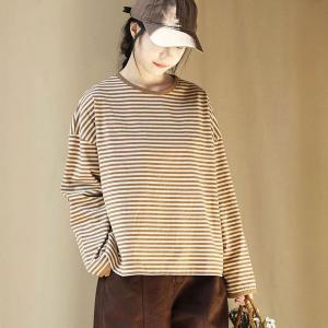 Crew Neck Cotton Long Sleeves Stripes T-shirt