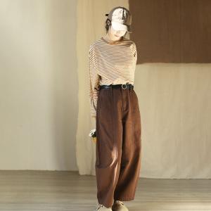 Crew Neck Cotton Long Sleeves Stripes T-shirt