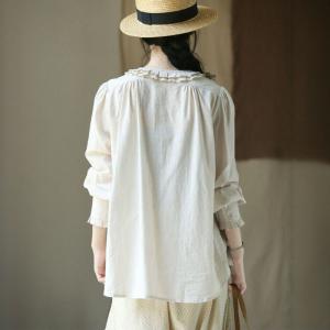 Lace Collar Cotton Pleated Peasant Blouse
