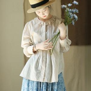Lace Collar Cotton Pleated Peasant Blouse
