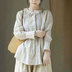 Lace Collar Cotton Pleated Peasant Blouse