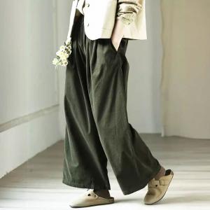 Blackish Green Wide Leg Corduroy Pants for Women