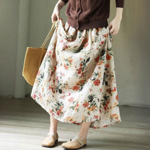 Tropical Flowers Patterned Linen A-Line Skirt