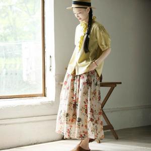 Tropical Flowers Patterned Linen A-Line Skirt