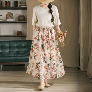 Tropical Flowers Patterned Linen A-Line Skirt
