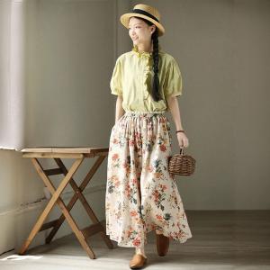 Tropical Flowers Patterned Linen A-Line Skirt
