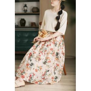 Tropical Flowers Patterned Linen A-Line Skirt
