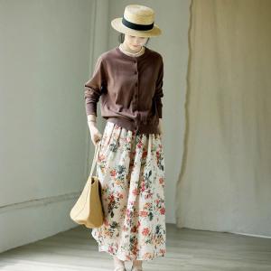 Tropical Flowers Patterned Linen A-Line Skirt
