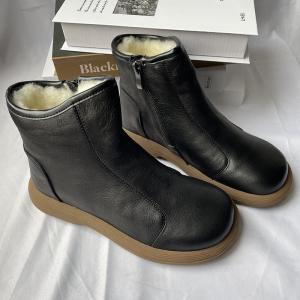 Plush Lining Side Zip Leather Ankle Boots for Women