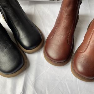 Plush Lining Side Zip Leather Ankle Boots for Women