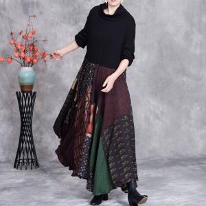 Colorful Patterned High Waist Turtleneck Flowing Jersey Dress
