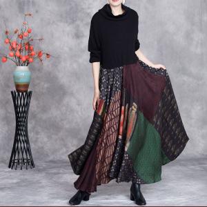 Colorful Patterned High Waist Turtleneck Flowing Jersey Dress