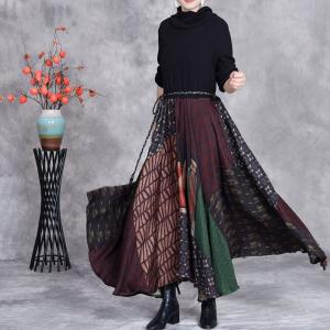 Colorful Patterned High Waist Turtleneck Flowing Jersey Dress