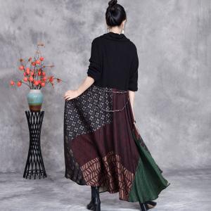 Colorful Patterned High Waist Turtleneck Flowing Jersey Dress