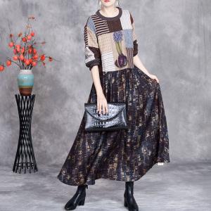 High Waist Patchwork Printed Winter Knit Midi Dress