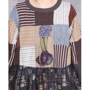 High Waist Patchwork Printed Winter Knit Midi Dress