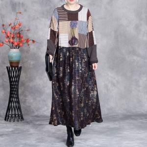 High Waist Patchwork Printed Winter Knit Midi Dress
