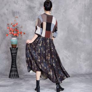 High Waist Patchwork Printed Winter Knit Midi Dress