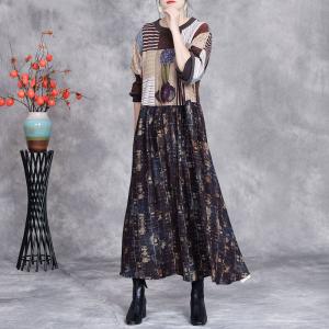 High Waist Patchwork Printed Winter Knit Midi Dress