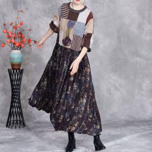 High Waist Patchwork Printed Winter Knit Midi Dress