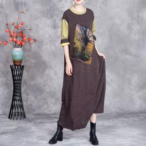Painting Tree Patchwork Fringed Knit Loose Fitting Dress