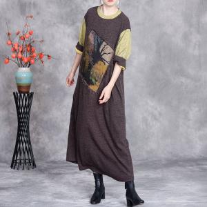 Painting Tree Patchwork Fringed Knit Loose Fitting Dress