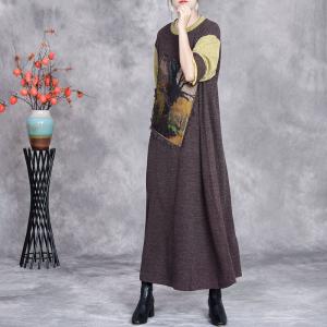 Painting Tree Patchwork Fringed Knit Loose Fitting Dress