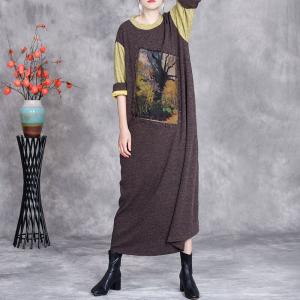 Painting Tree Patchwork Fringed Knit Loose Fitting Dress
