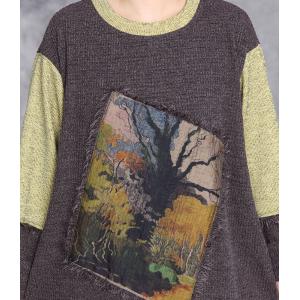 Painting Tree Patchwork Fringed Knit Loose Fitting Dress