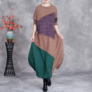 Contrast Colors Autumn Fringed Loose Jersey Dress