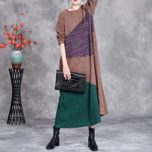 Contrast Colors Autumn Fringed Loose Jersey Dress