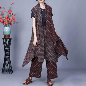Cotton Linen Plaid Waterfall Waistcoat with Dotted Pants Sets