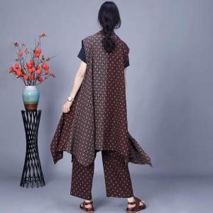 Cotton Linen Plaid Waterfall Waistcoat with Dotted Pants Sets
