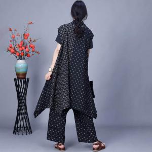 Cotton Linen Plaid Waterfall Waistcoat with Dotted Pants Sets