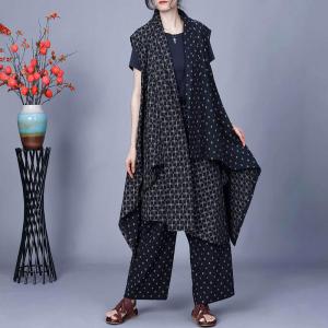 Cotton Linen Plaid Waterfall Waistcoat with Dotted Pants Sets