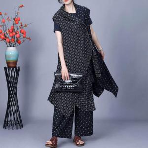 Cotton Linen Plaid Waterfall Waistcoat with Dotted Pants Sets