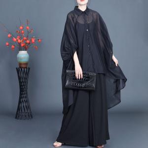 Polo Neck Silk Linen Sheer Tunic Blouse