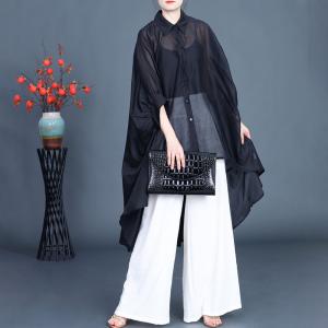 Polo Neck Silk Linen Sheer Tunic Blouse