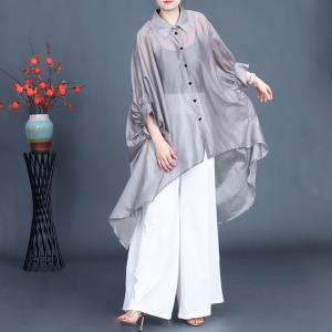 Polo Neck Silk Linen Sheer Tunic Blouse