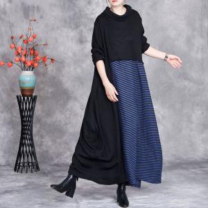 Blue Stripes Loose Black Turtleneck Sweater Dress