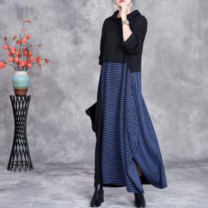Blue Stripes Loose Black Turtleneck Sweater Dress